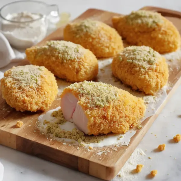 Raw chicken being breaded with flour, egg wash, and panko breadcrumbs.