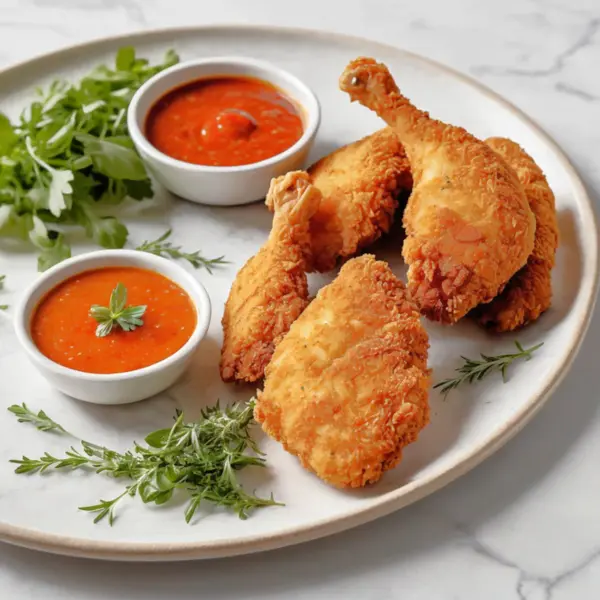  Fried and baked breaded chicken served with dipping sauces.