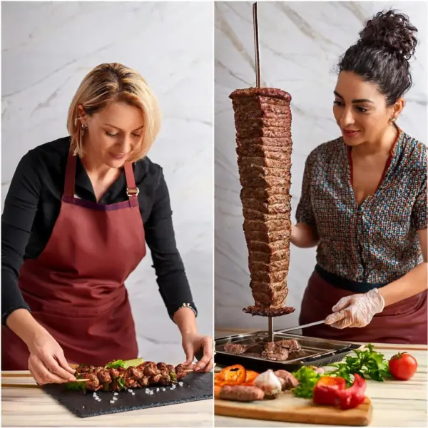 A side-by-side comparison of a chef preparing Adana Kebab (minced lamb) and Shish Kebab (cubed meat).